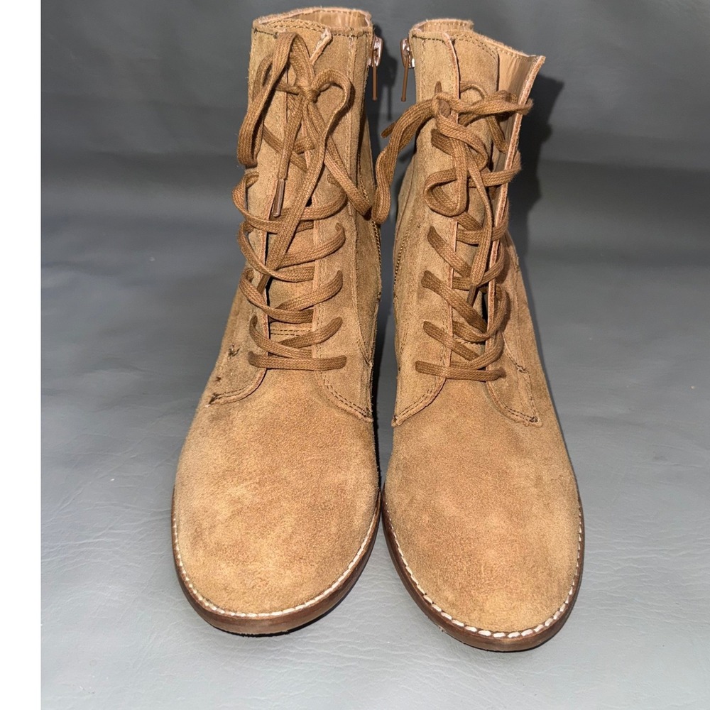 Lucky Brand Yelloh Tan Suede Lace Up Wedge Ankle Booties Womens 9.5 M 39.5